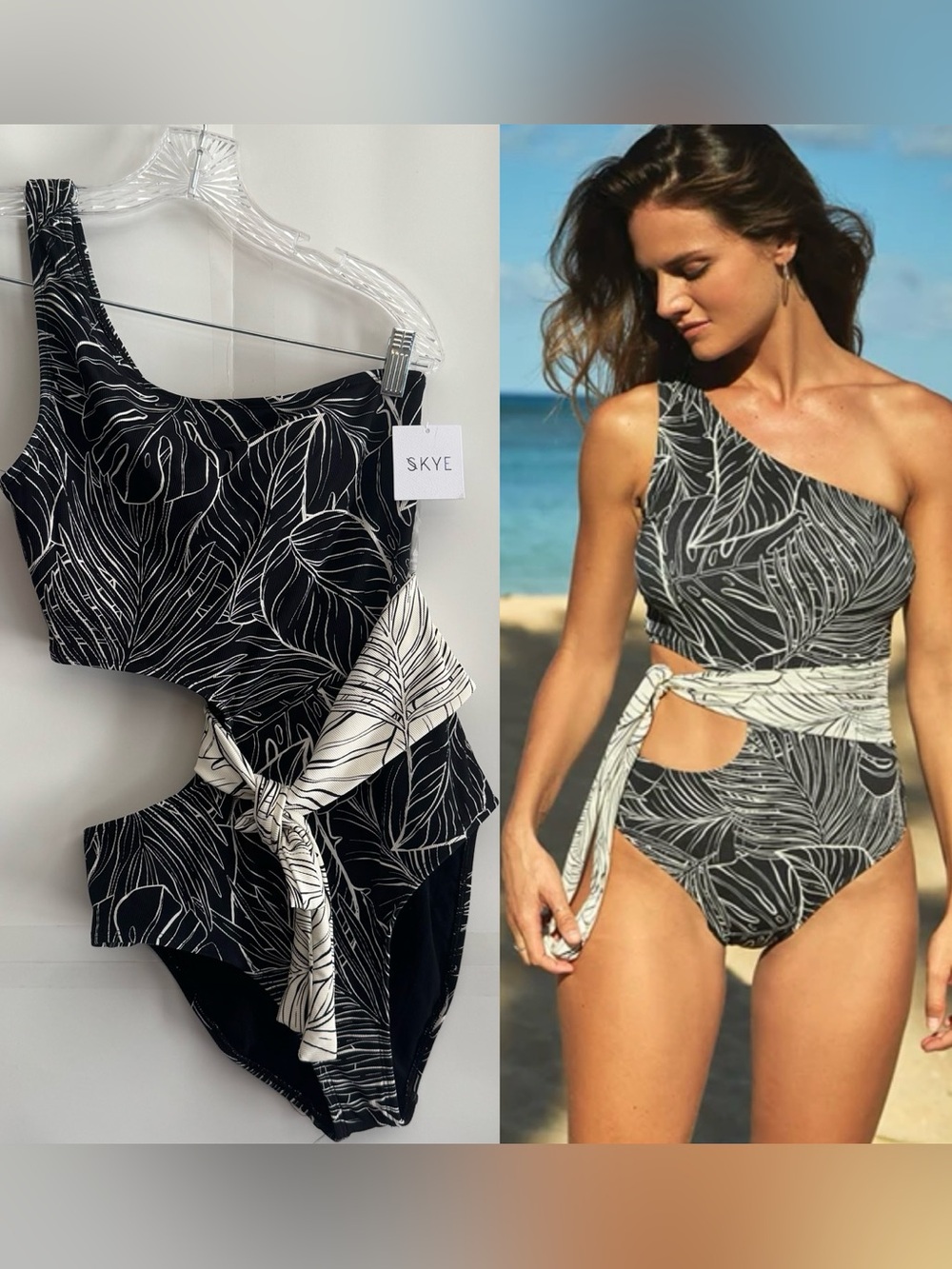 Skye Black & White Leaf Print One-Piece Swimsuit with Side Tie